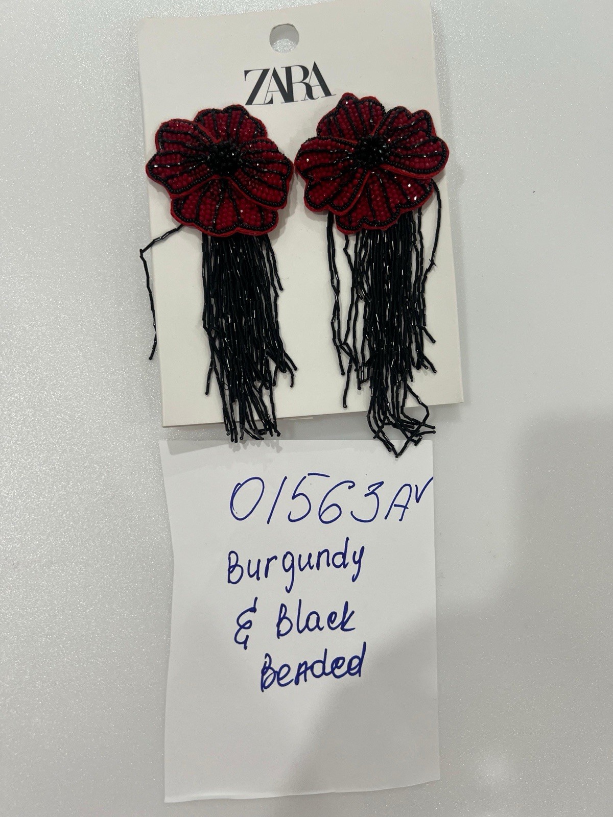 New Zara Woman Floral Beaded Earrings Dark Red Burgundy Black