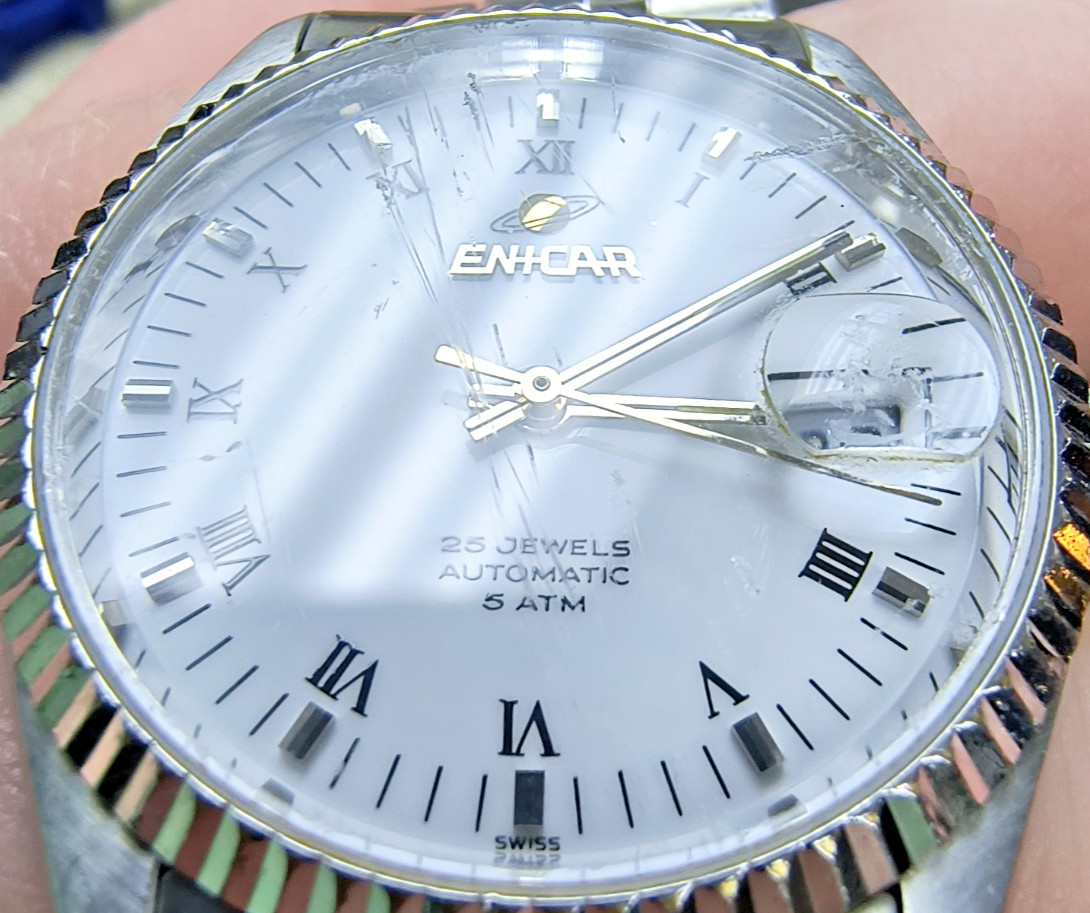 RARE ENICAR 25 Jewels Automatic White Dial Roman Index Watch Vintage Fair Scuffs