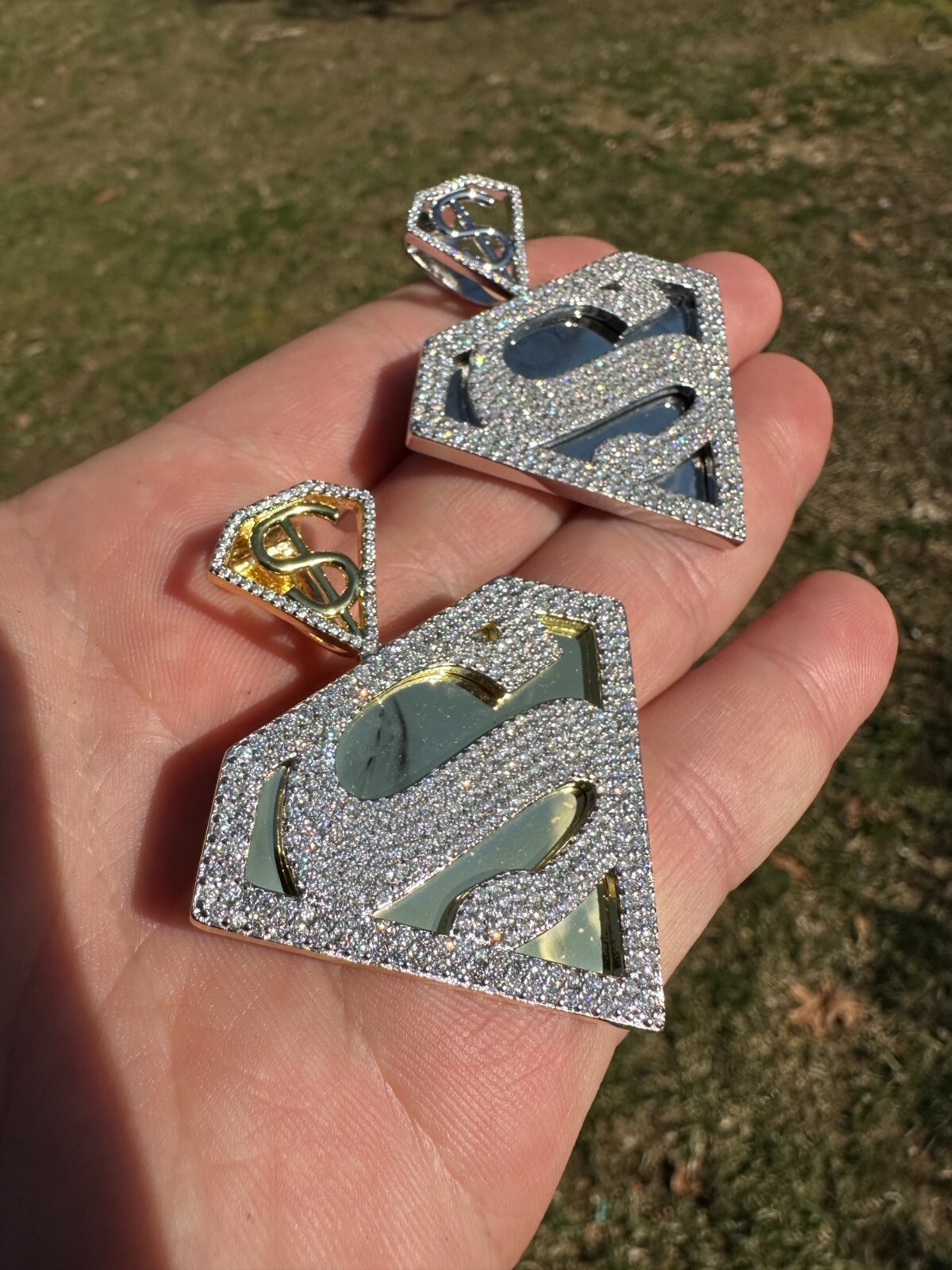 MOISSANITE Real 925 Silver/Gold Plated Iced SUPERMAN Superhero Pendant Necklace