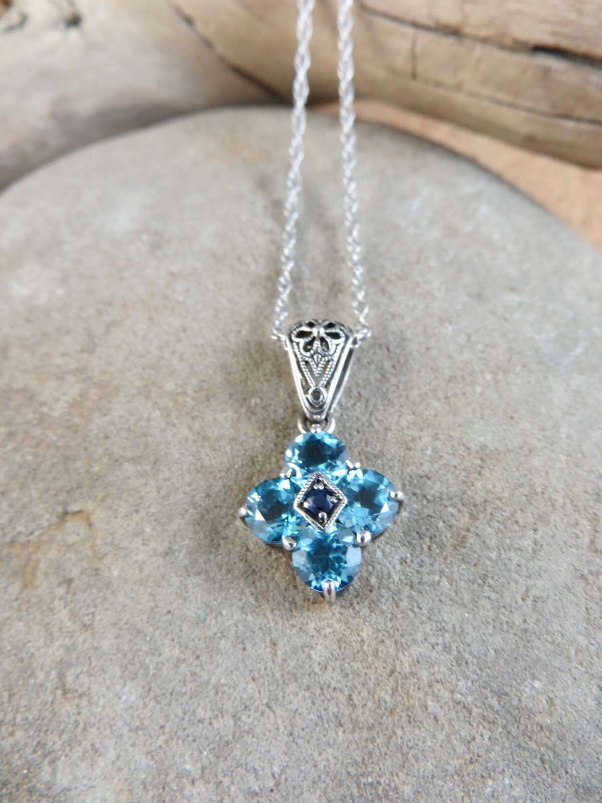 Blue Topaz & Sapphire Filigree Pendant 18″ Sterling Silver Chain Necklace #741