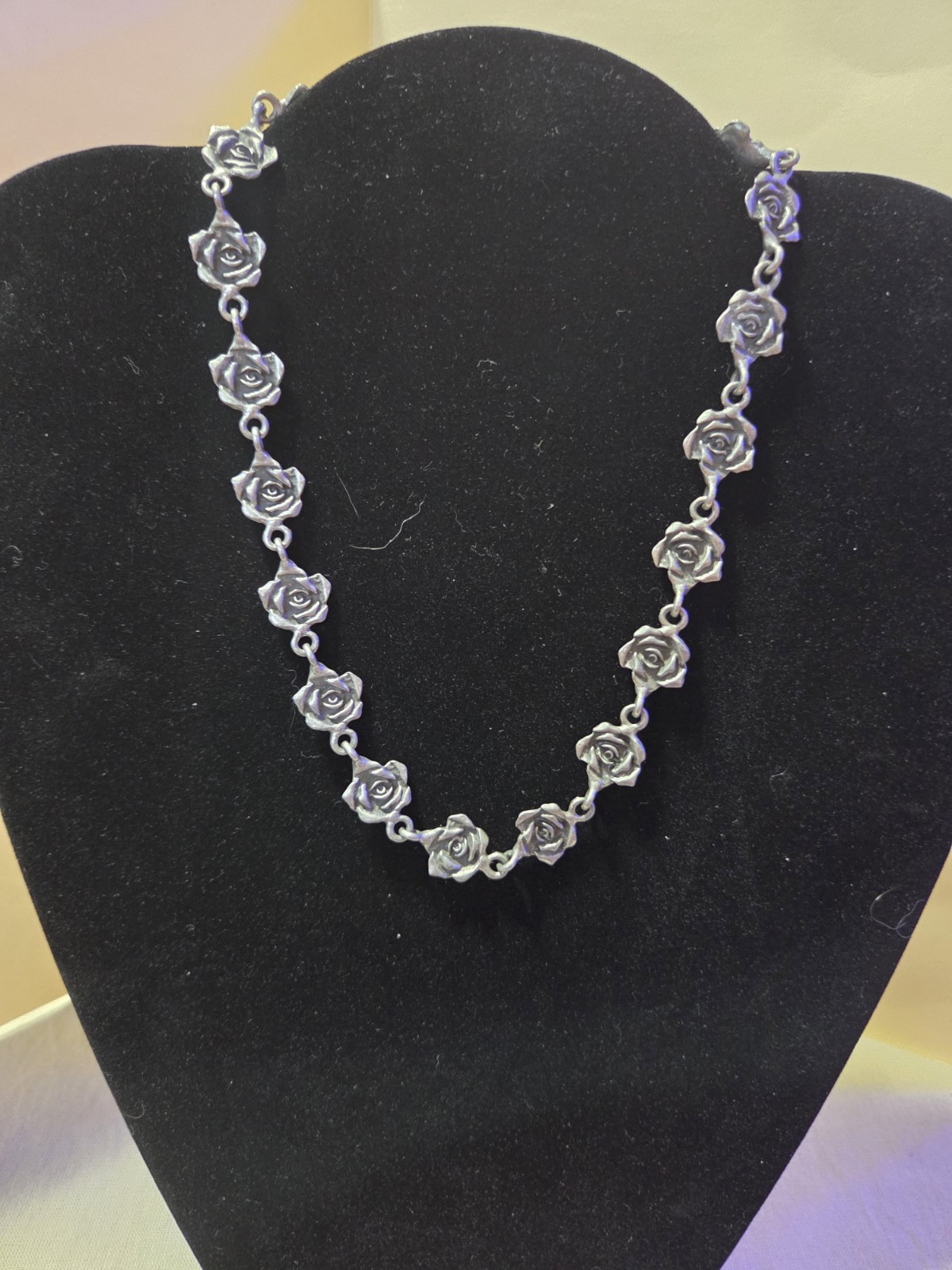 Vintage Pewter Rose Link Necklace 16 Floral Romantic Jewelry