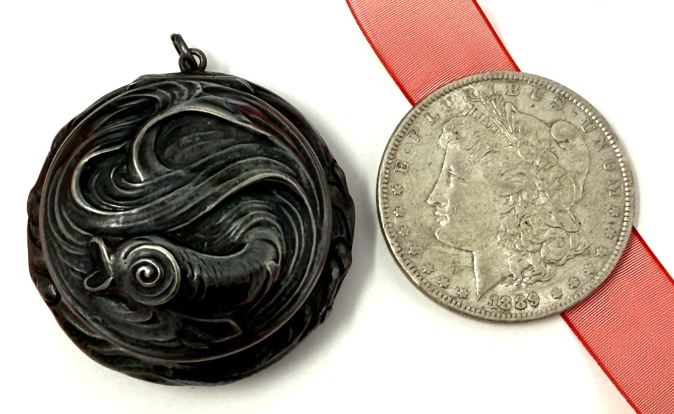 XL Repousse Sea Serpent Sterling Silver Puff Locket Snuff Pill Box Pendant