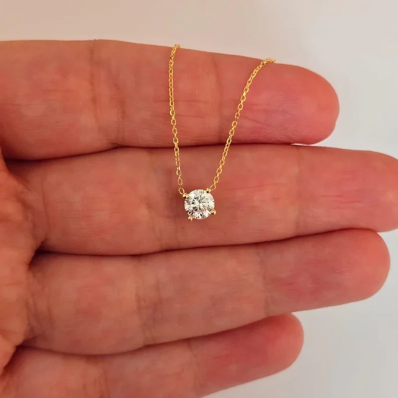 Natural 0.70CT Round Diamond Necklace Dainty Solitaire Pendant 14k Yellow Gold