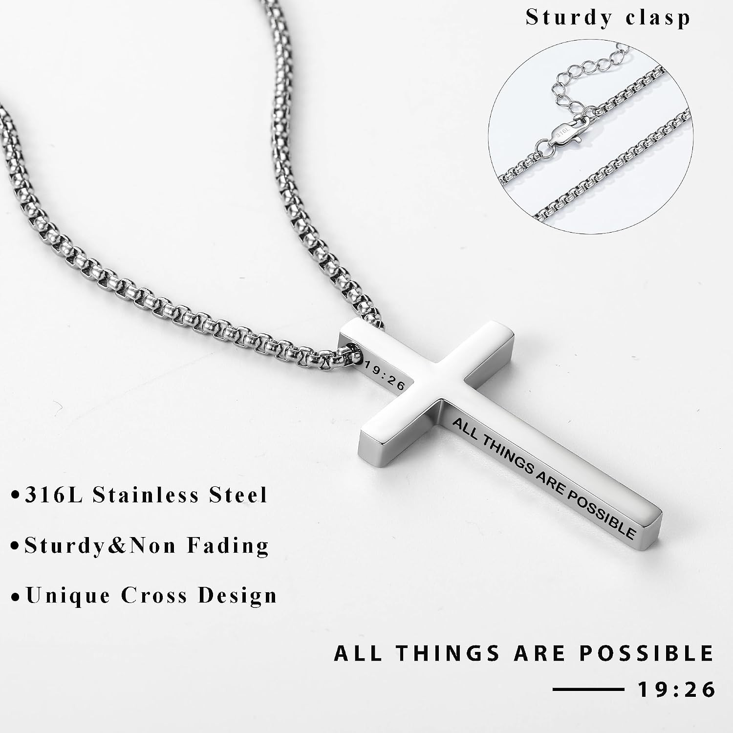 316L Stainless Steel Bible Verse Cross Necklace Religious Jewelry Gifts for Men