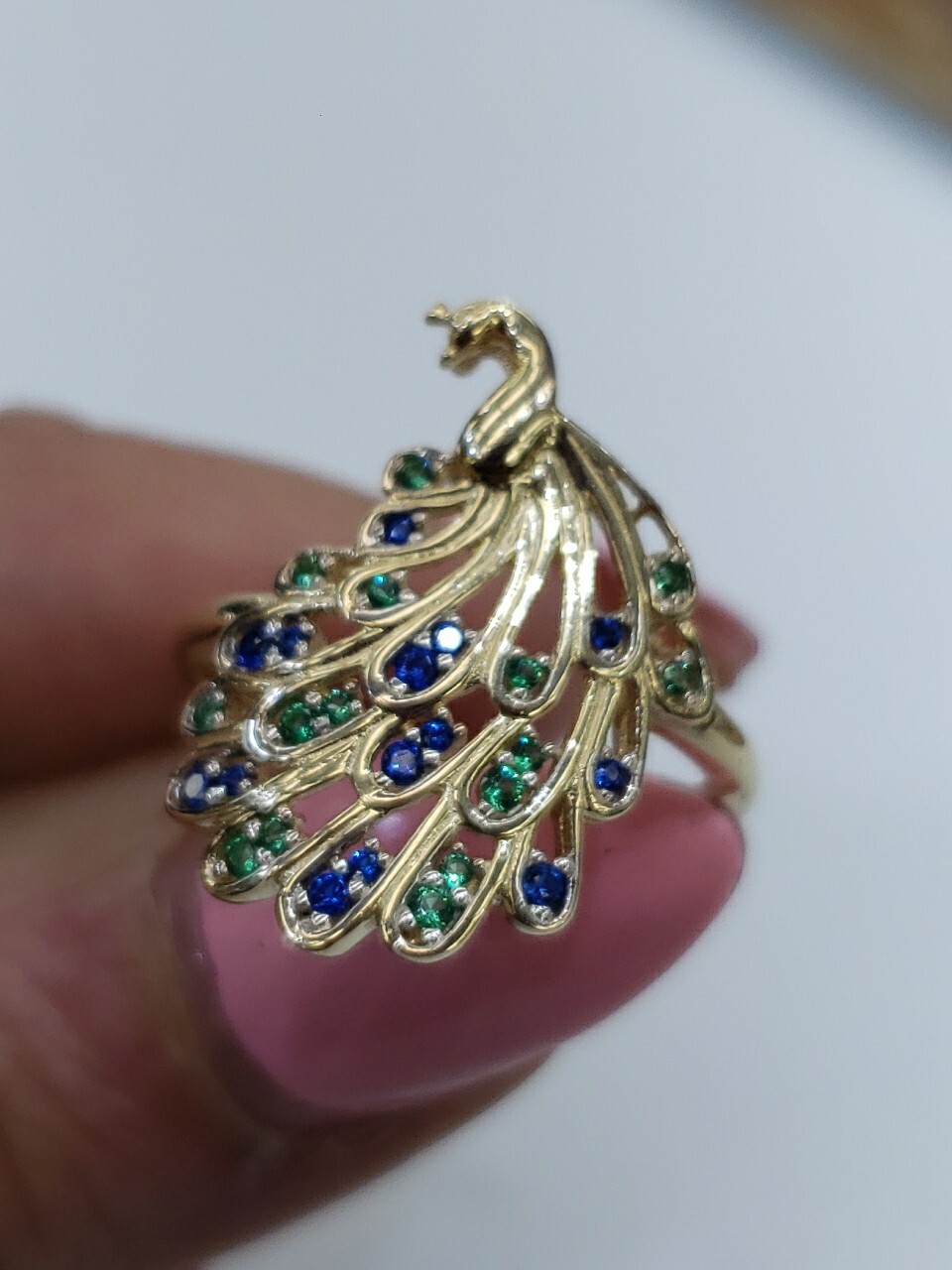 Solid 14k yellow gold peacock Ring Size 5 6 7 8 9 green blue