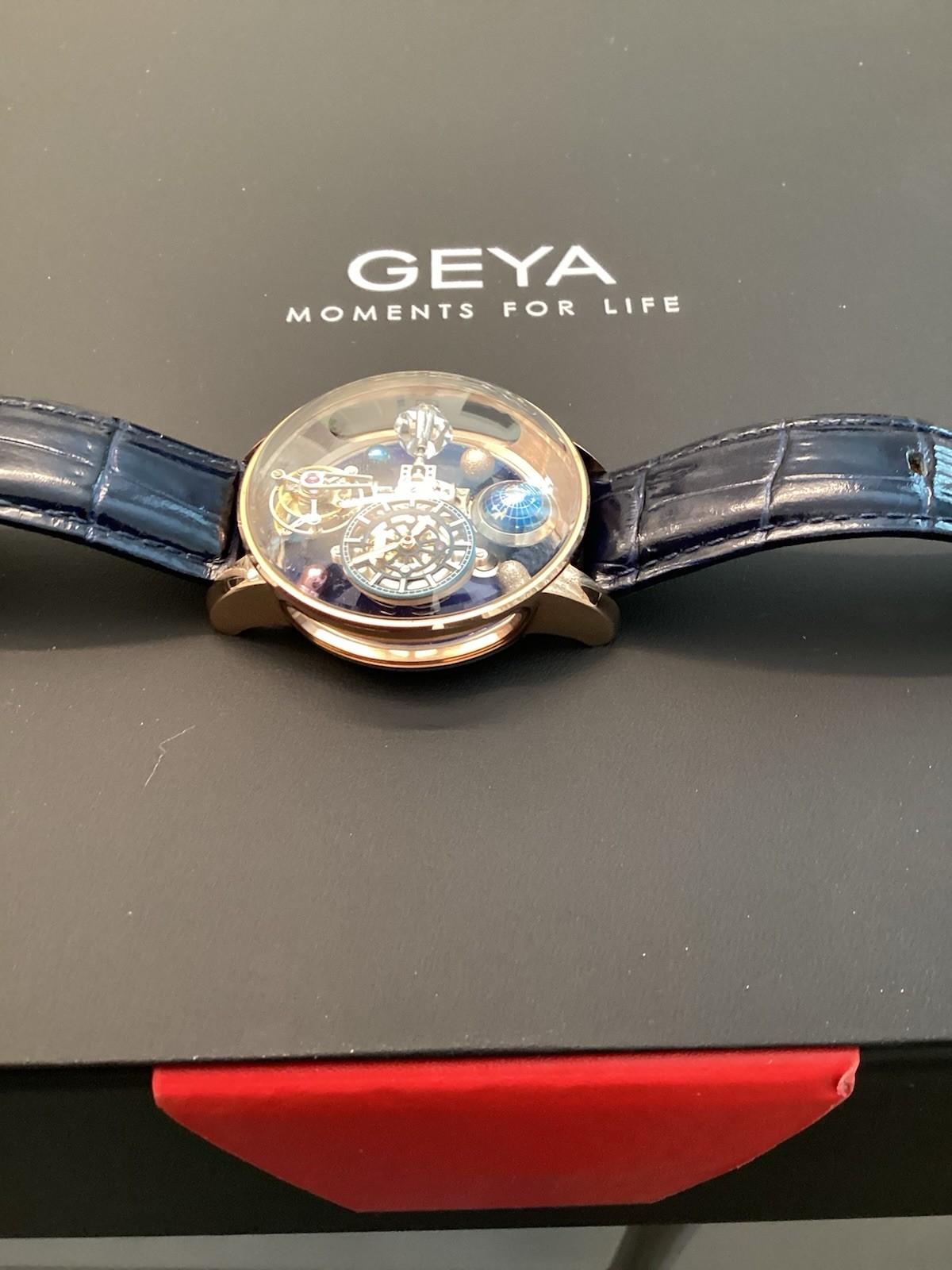 GEYA Men’s Automatic Skeleton Watch Blue Dial Gold Tone 44mm Box & Papers