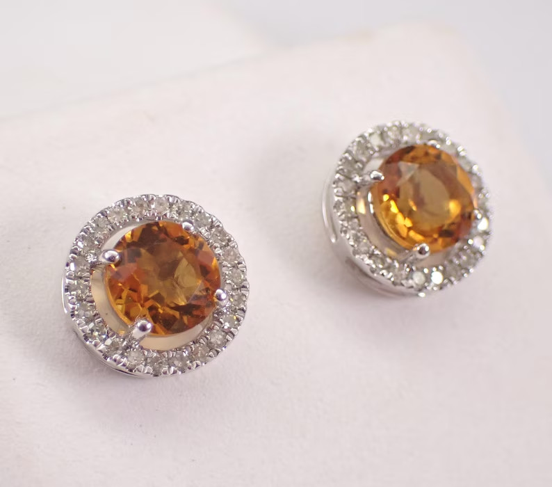 1.60Ct Round Cut Lab-Created Citrine Women’s Stud Earrings 14K White Gold Plated