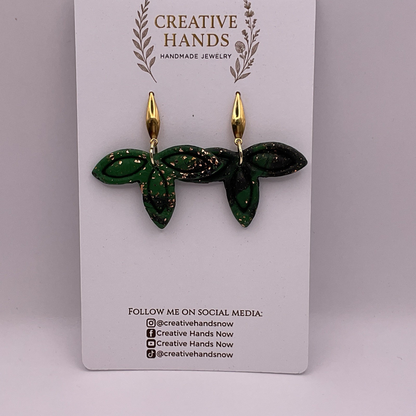 Handmade Green Leaf Earrings Copper Gold Flake Polymer Clay Nature Dangle.