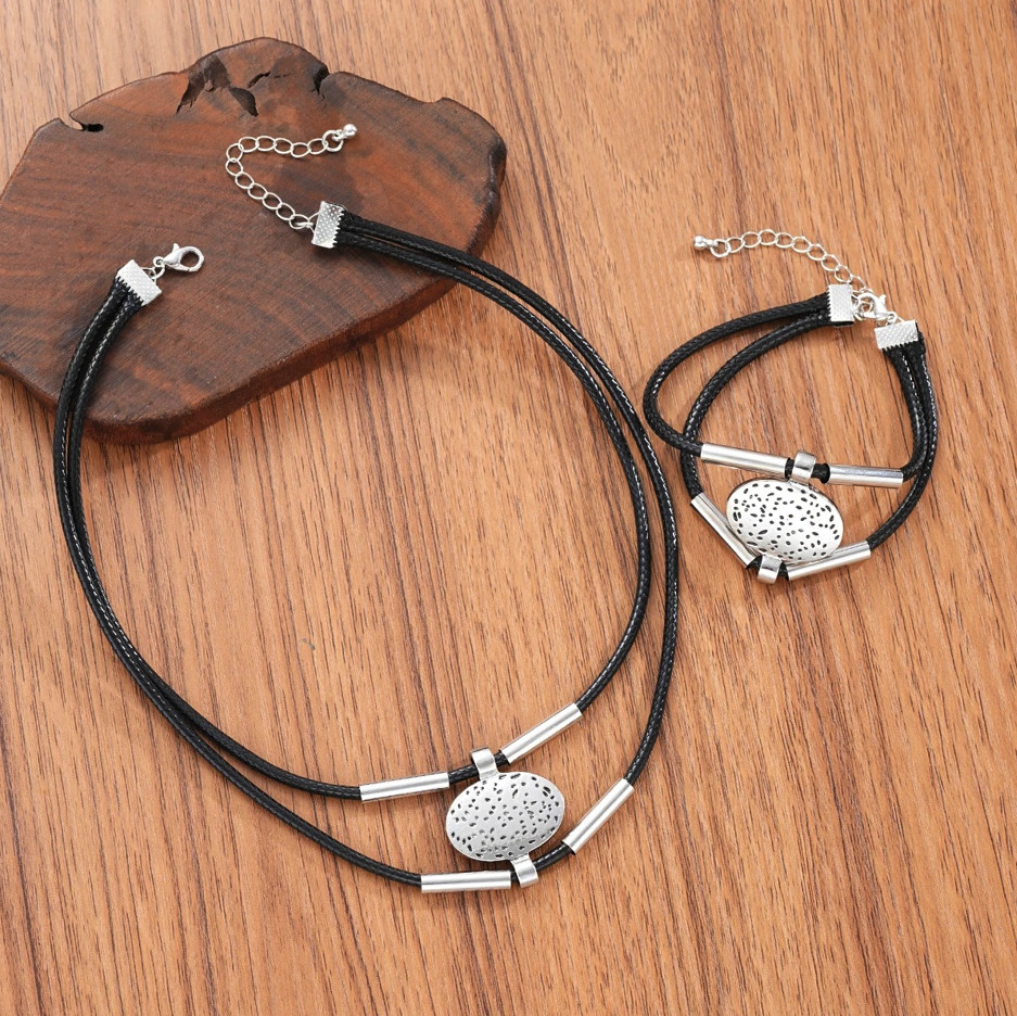 2pcs Vintage Oval Necklace Bracelet Set Gold Silver Faux Leather Chain – NEW