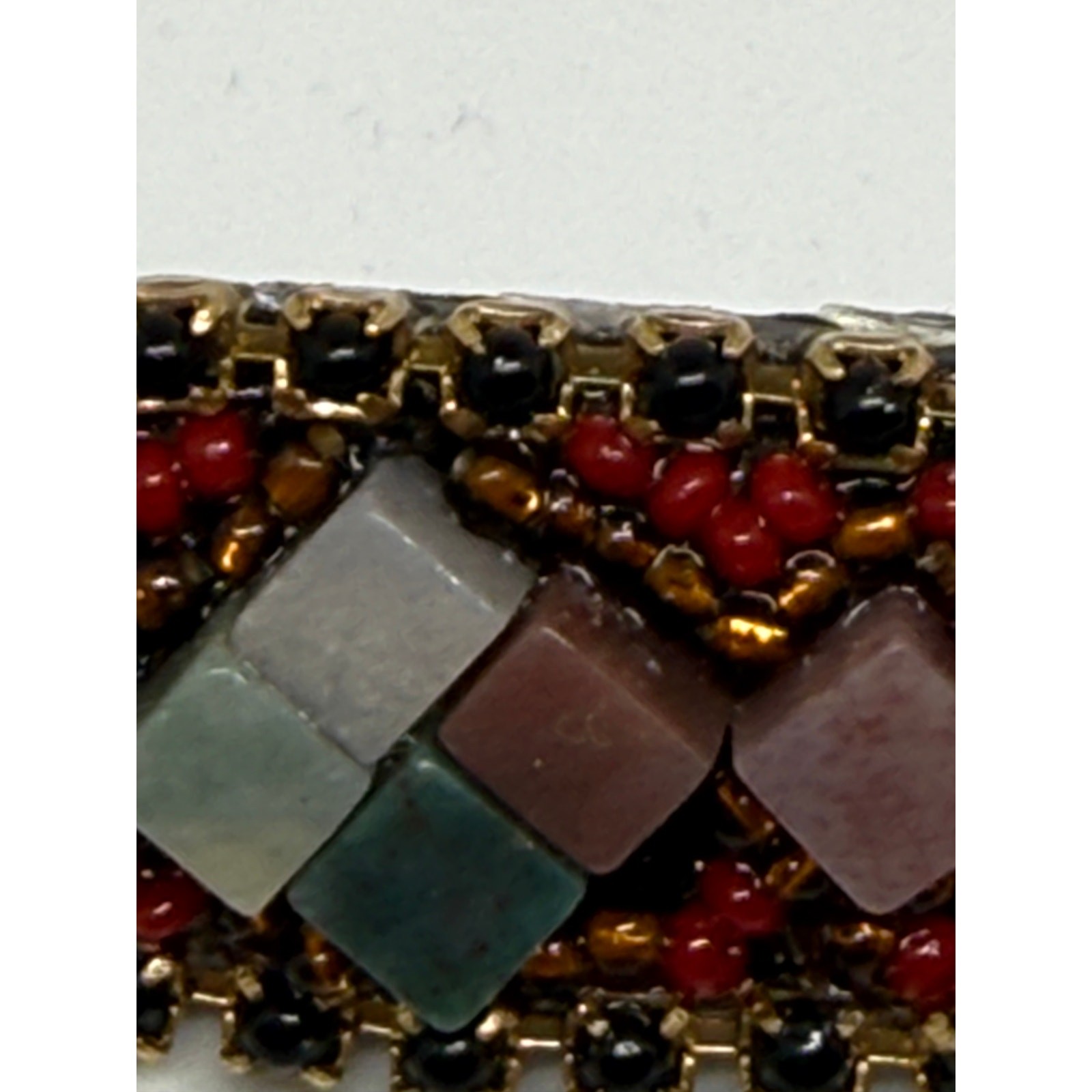 VINTAGE Hickham 1999 Hand Beaded Natural Stone Brooch Artisan Seed Bead Pin Boho