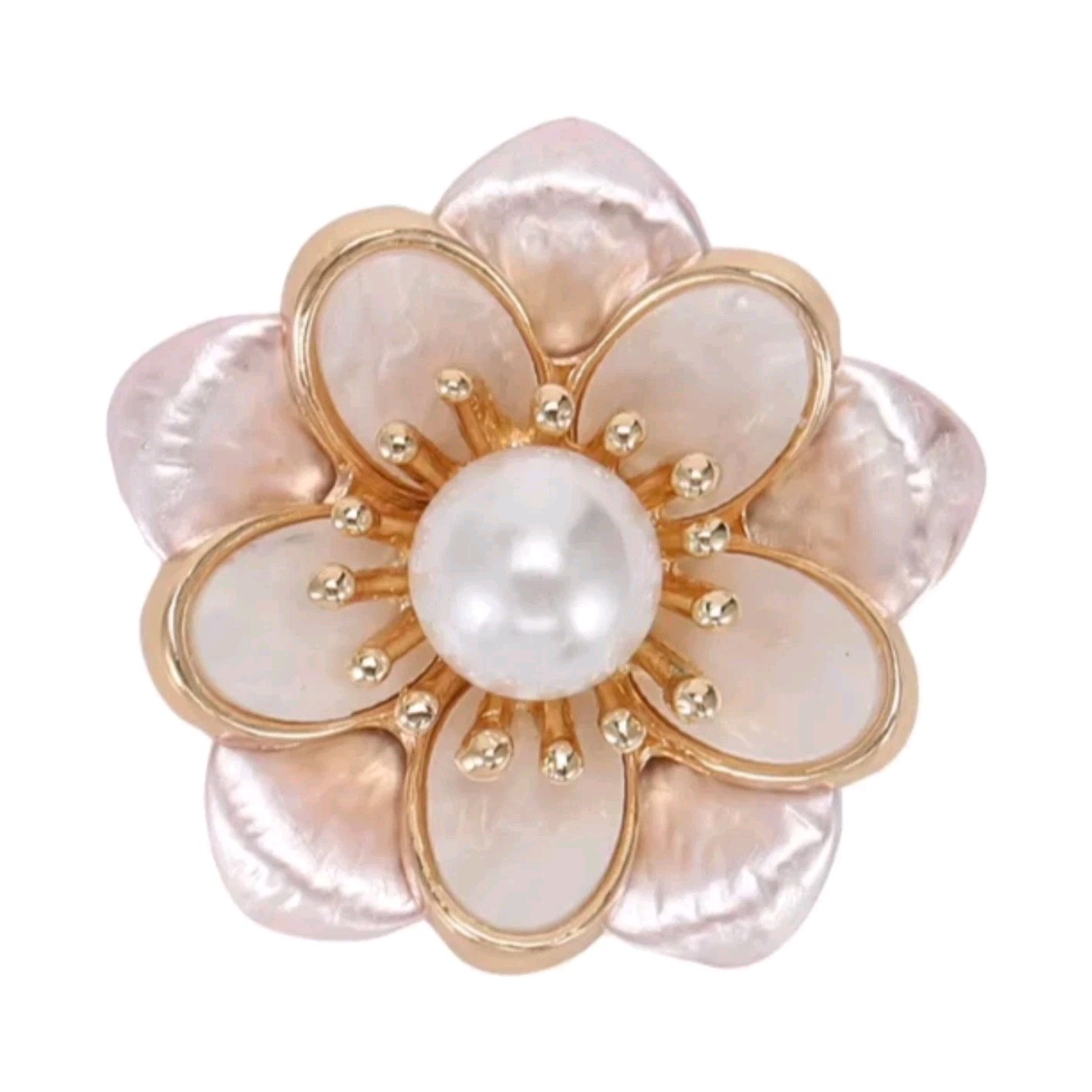 Flower Brooch Pin Gold Tone Metal White Round Imitation Pearl Center 3.2cm