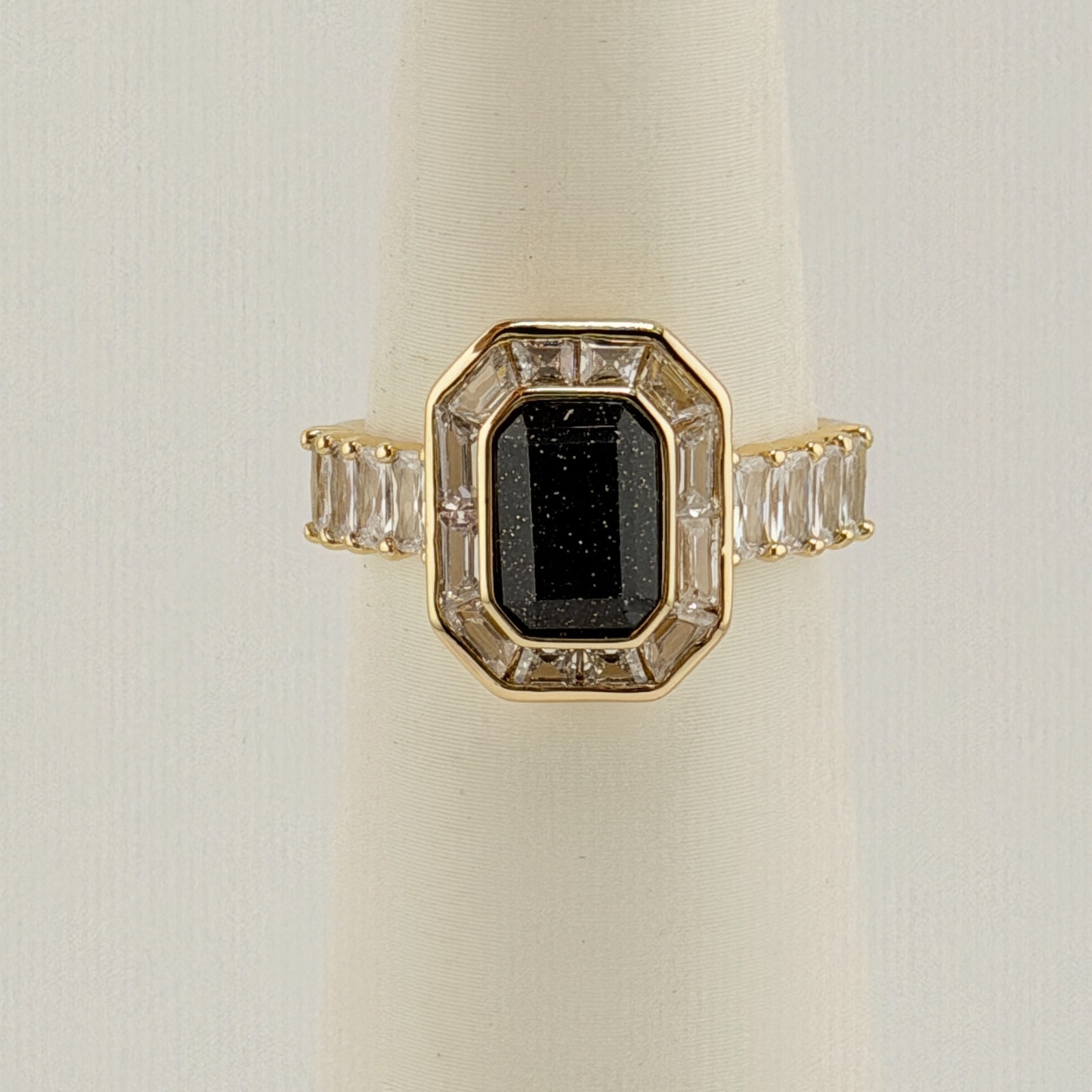 Bomb Party Ring Sz 7 “Nocturnal Habit” Black Onyx Sandstone on Yellow Gold