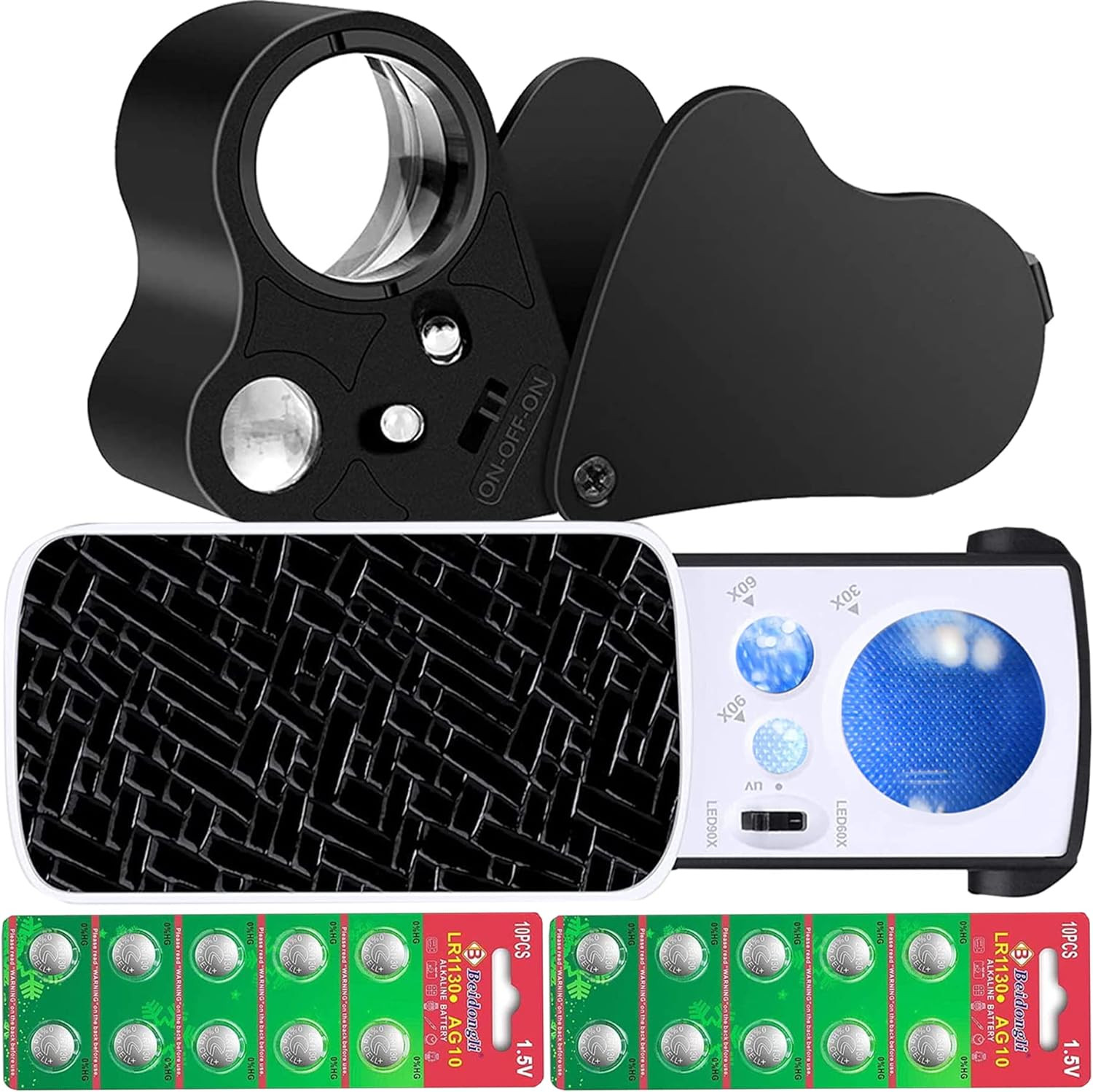 2pcs Magnifying Glass w/ Light,30X 60X 90X Jewelers Magnification-20 Backup Batt