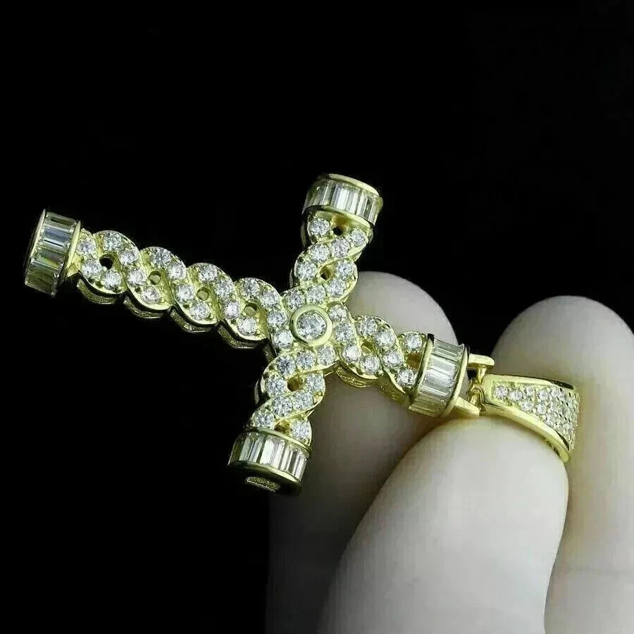 3Ct Round Lab-Created Diamond Baguette Cut Cross Pendant 14K Yellow Gold Plated