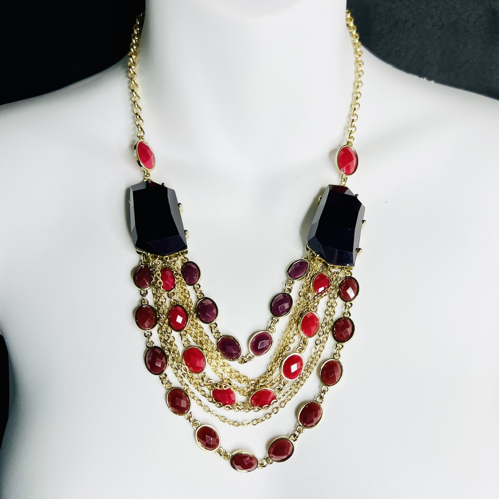 Statement Red Black Resin Stone Layered Multi Strand Bib Necklace Gold Tone 1092