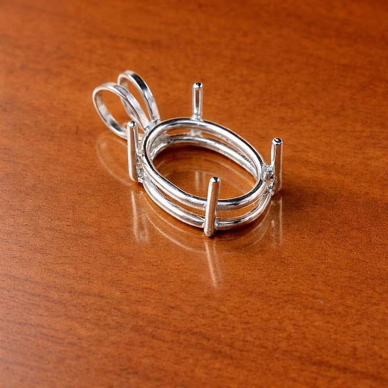 925 Sterling Silver 8x12mm Oval Prong Pendant Setting Pre-Notched Handmade