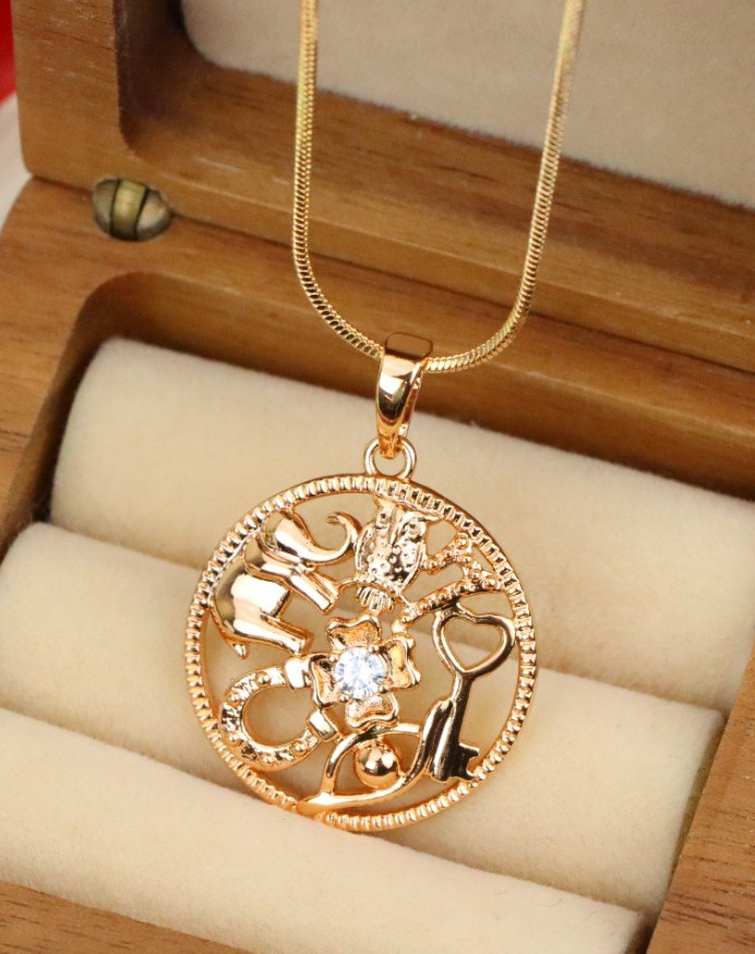 Round Rose Gold Pendant with Religious Motifs and Center Stone, XPPT1442