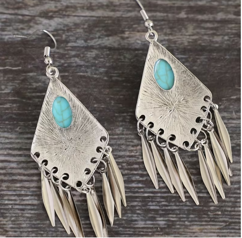 Bohemian Ethnic Style Turquoise Design Hook Earrings Zinc Alloy Silver Plated