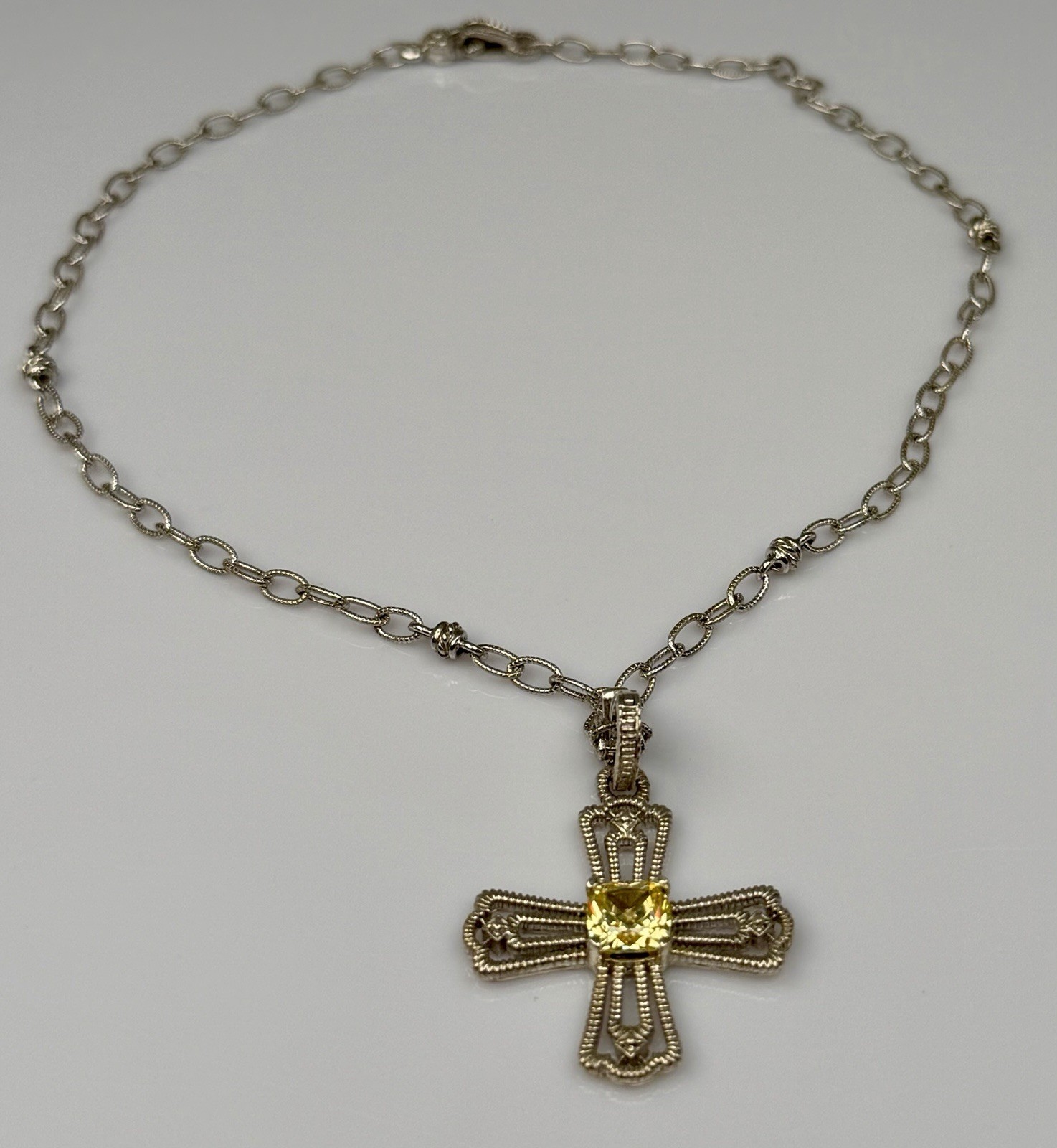 Judith Ripka Sterling Silver Canary Quartz Cross Pendant Station Link Chain