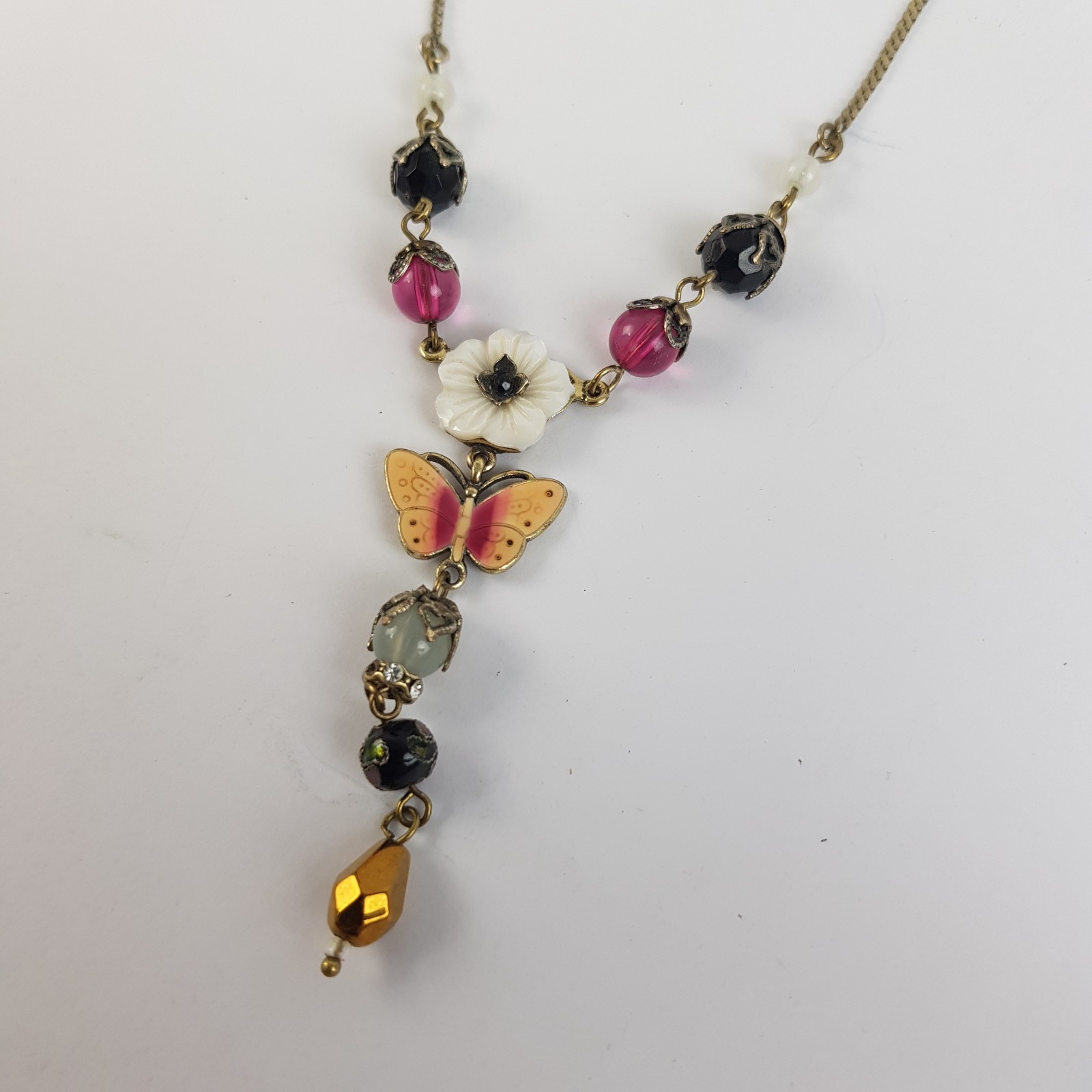 Accessorize Bronze Tone Enamel Butterfly & Shell Flower Design Necklace Unboxed
