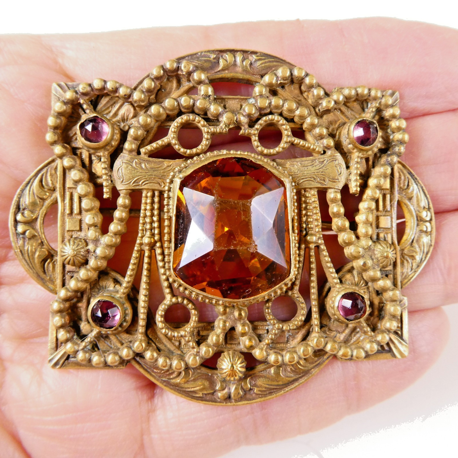 Vintage Czech Glass Filigree Brass Pin Brooch Faceted Orange Topaz Etruscan Rev