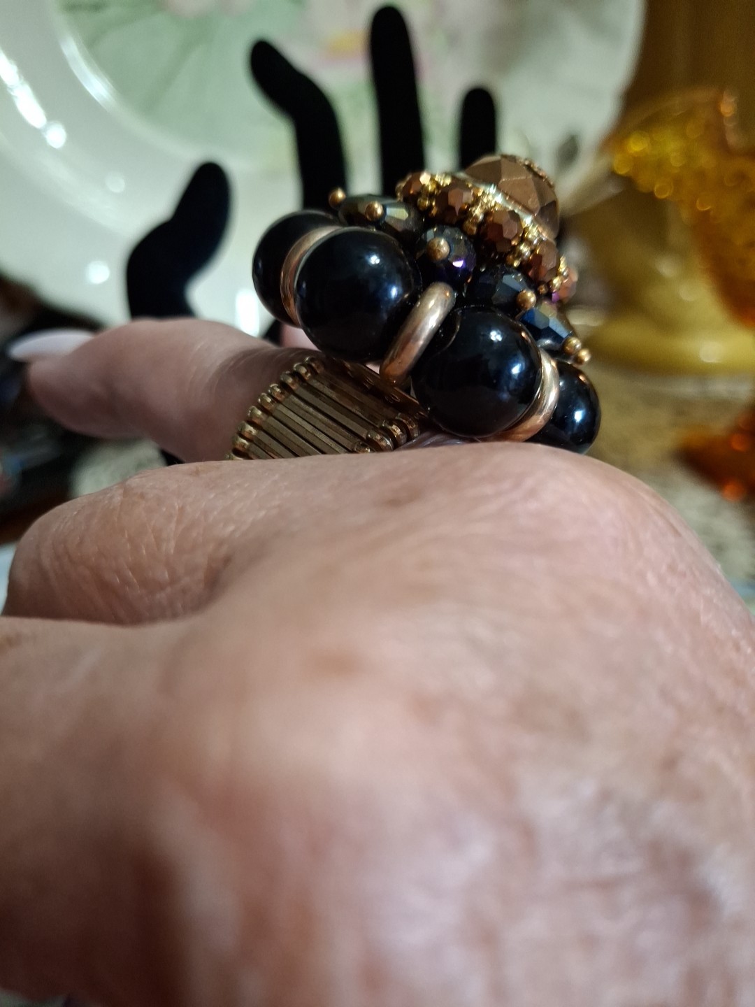 Large Domed Statement Stretch Cocktail Ring Blk Gold Purple Blue Rhinestones