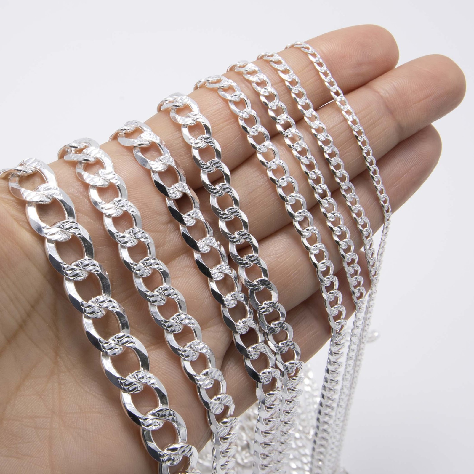 Diamond-Cut Reversible Curb Chain Solid Sterling Silver 925 Italy All Sizes