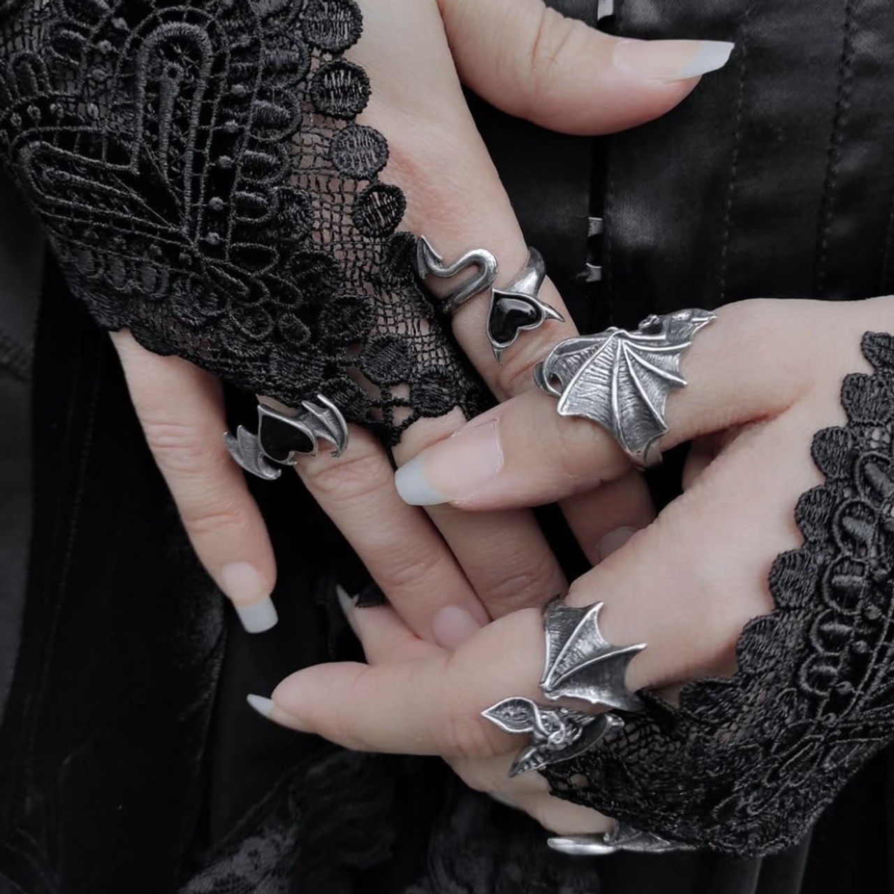 Alchemy Gothic Black Soul Ring Black Heart Demon Wing Fine Pewter Blacksoul R240