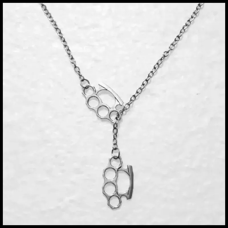Vintage Double Brass Knuckle Pendant Adjustable Cross Lariat Necklace Goth Jewel