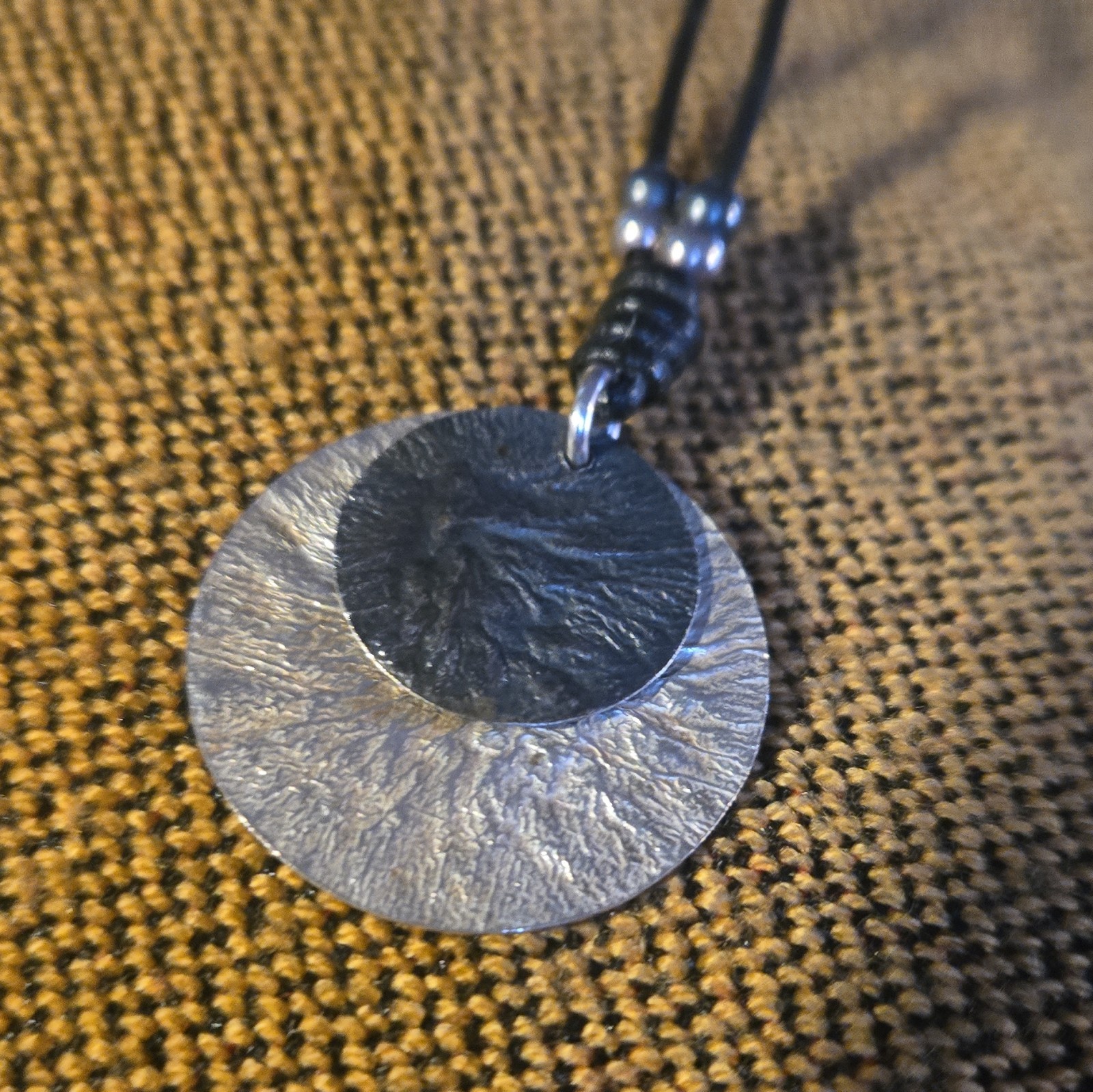 Round Silver Tone Disc Pendant Necklace Black Cord Lobster Clasp No Stone