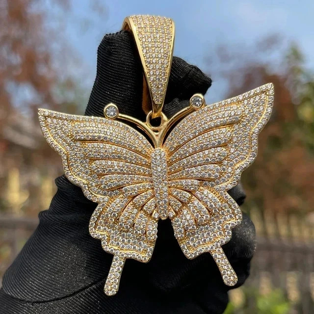 Butterfly Charm Pendant 3.10Ct Round Cut Real Moissanite 14K Yellow Gold Plated