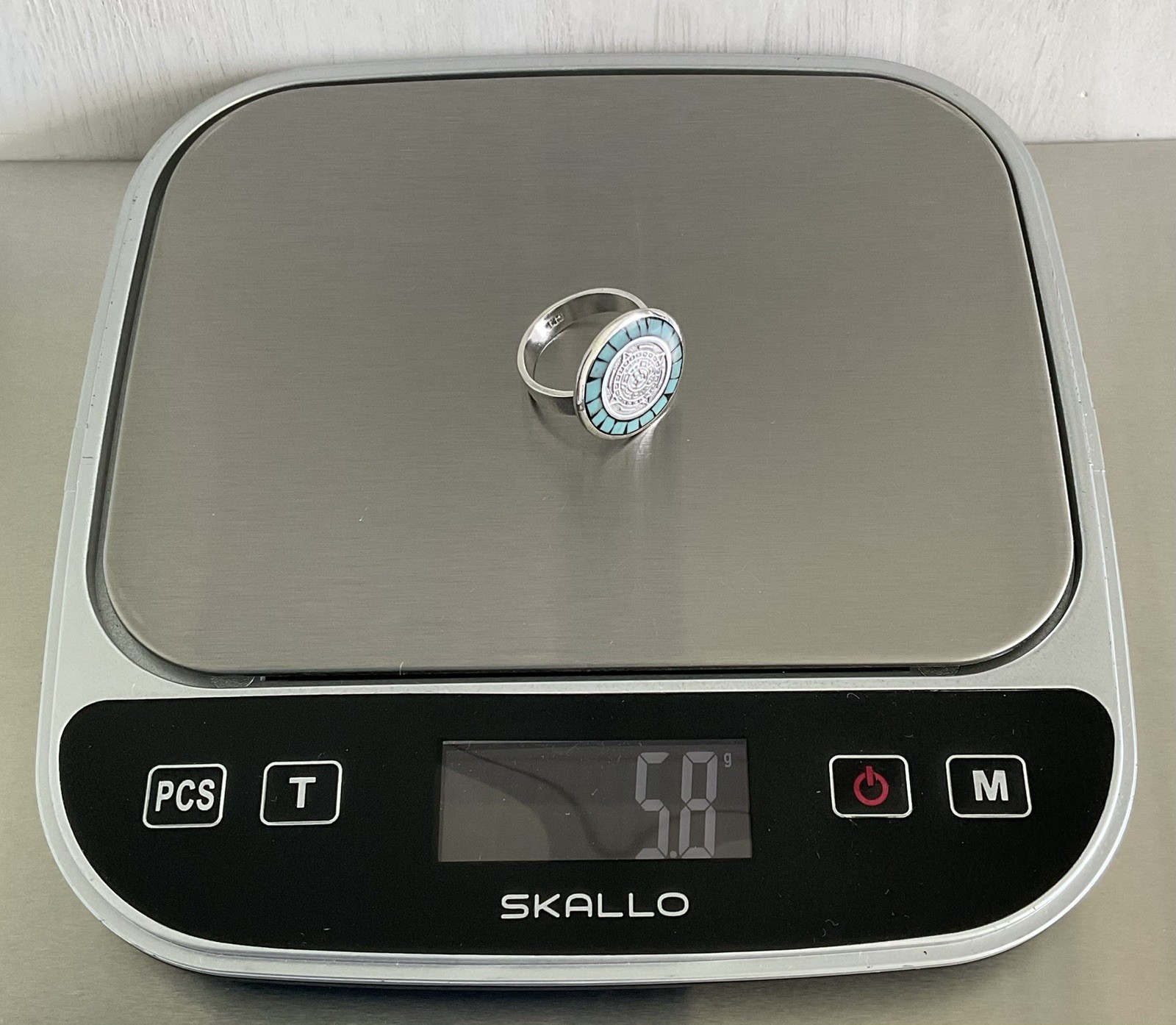 Turquoise Chip Inlay Aztec Calendar Motif Ring 925 Sterling Silver Size 7