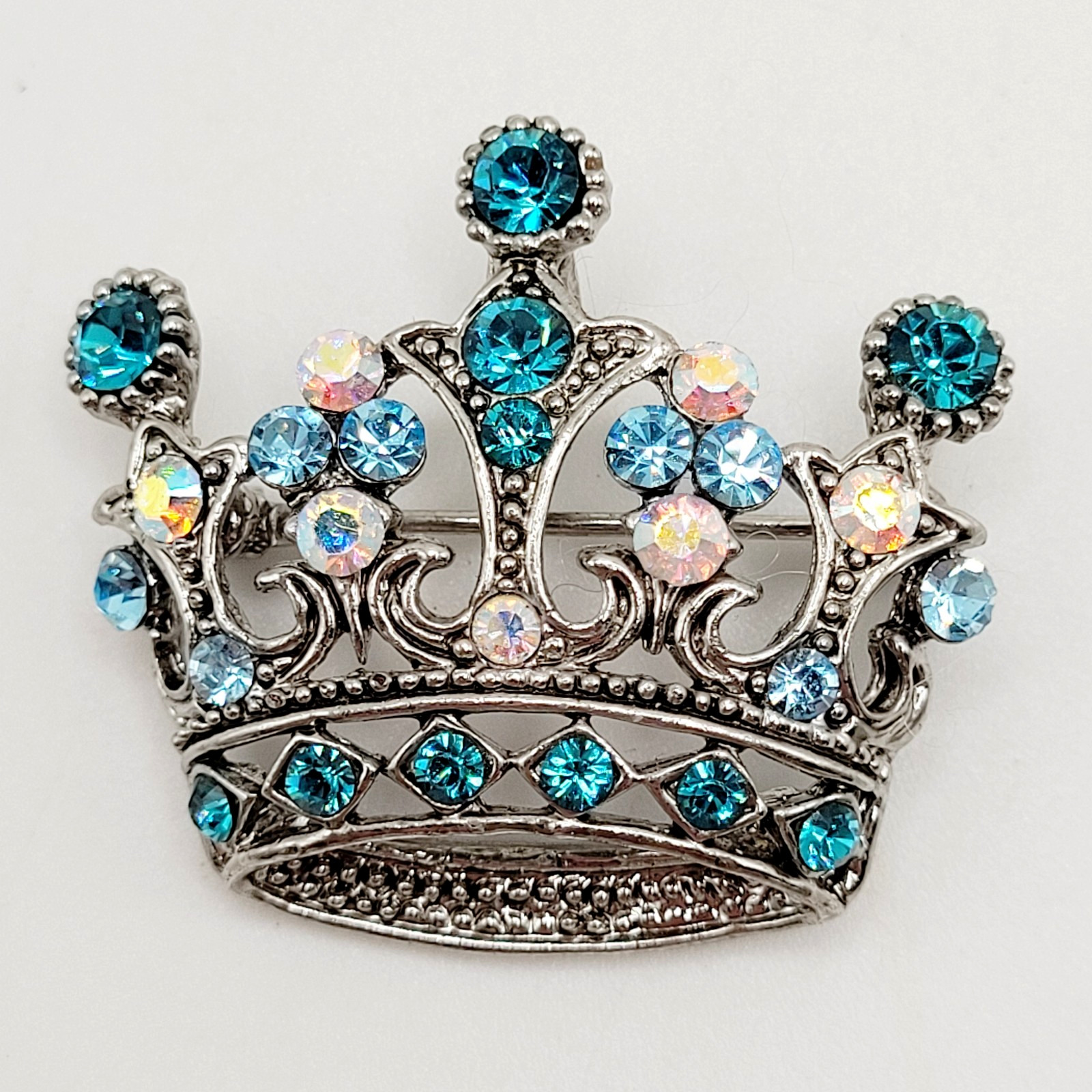 Regal Royal Queen Crown with Light Blue Rhinestone Silver Tone Pendant Brooch