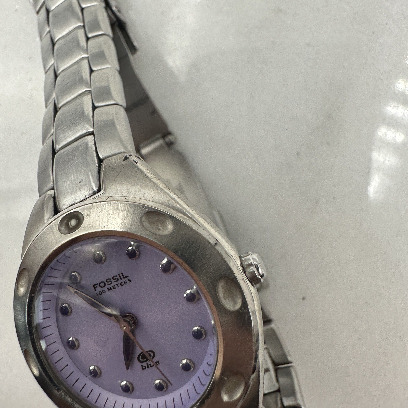 Fossil AM3388 Watch, Purple Dial, Silver Tone, New Battery Sz. 6.25”