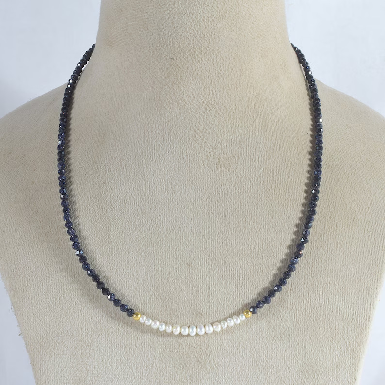 Handmade Sandstone & Pearl Beaded Necklace 925 Sterling Silver 18″ Gift for Her