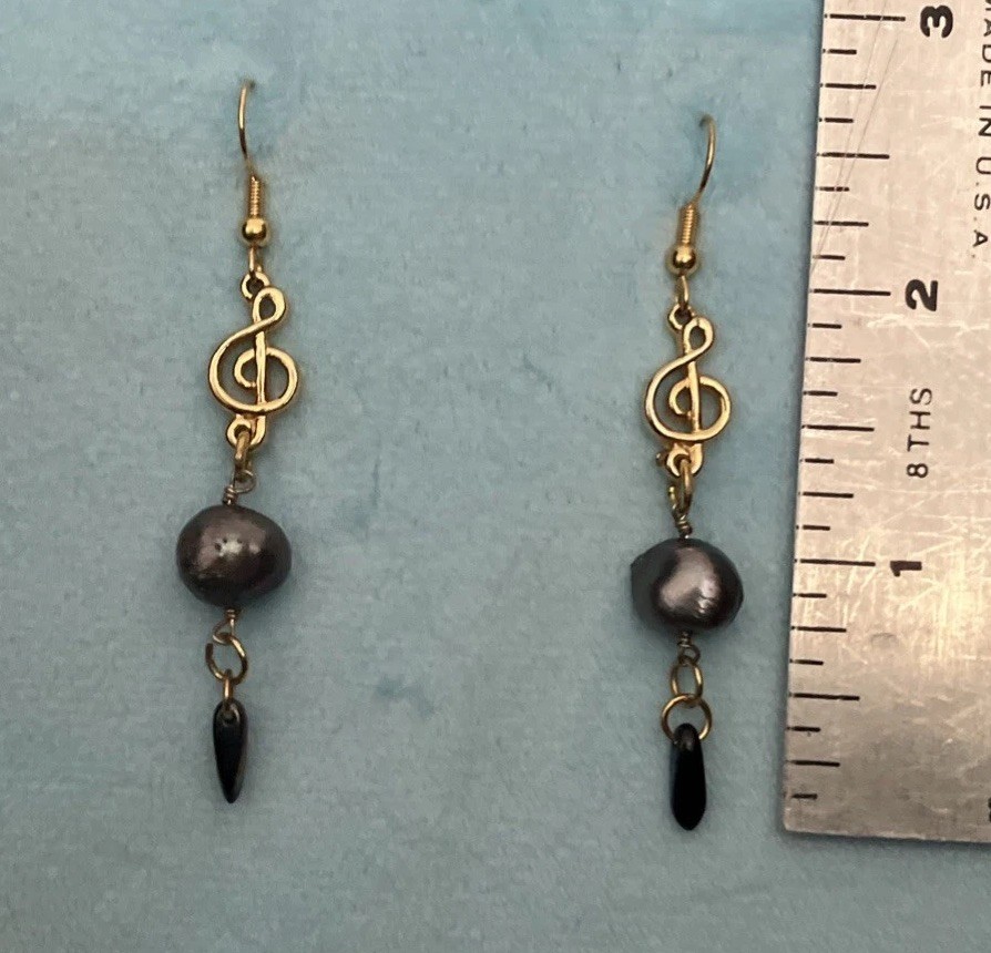 Treble Clef Gold Tone With Black Pearl Dangle Earrings, MiaChavi Geekery