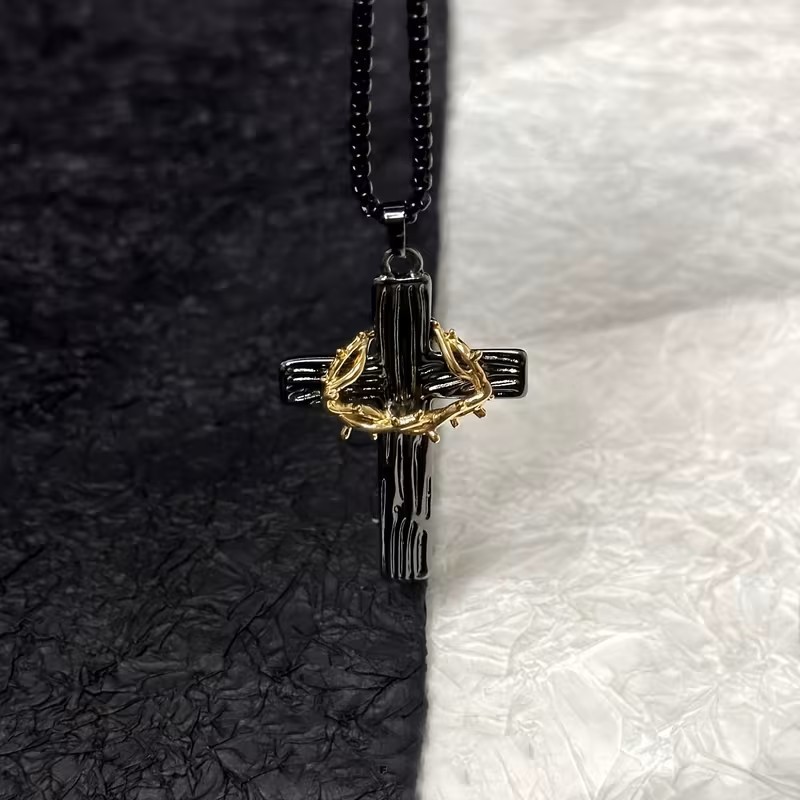 Black Christian Cross Necklace Crown of Thorns Pendant Religious Gift Jesus Mens