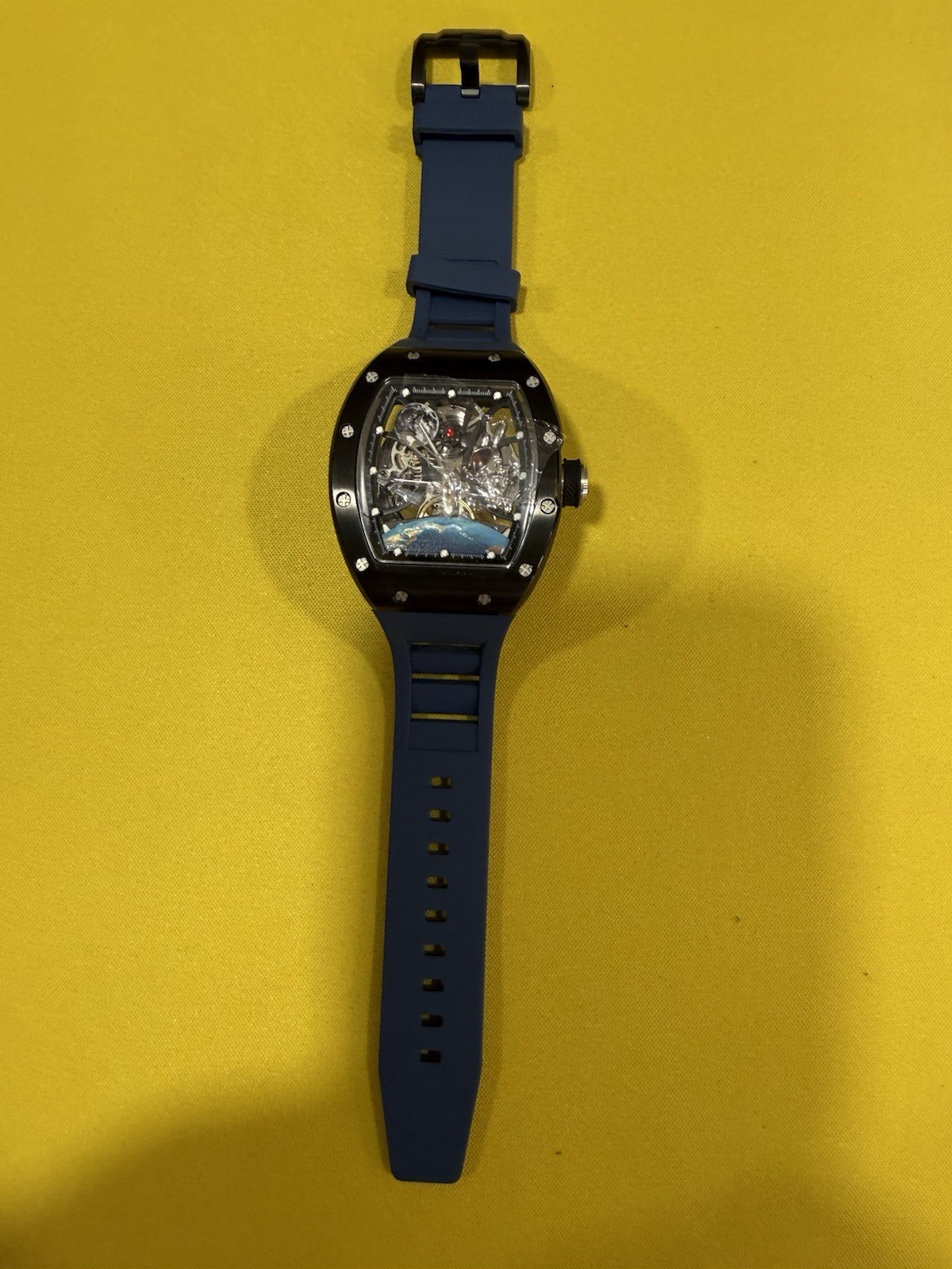 Invicta Automatic Skeleton Dial Tonneau Black Steel Case Blue Silicone Strap