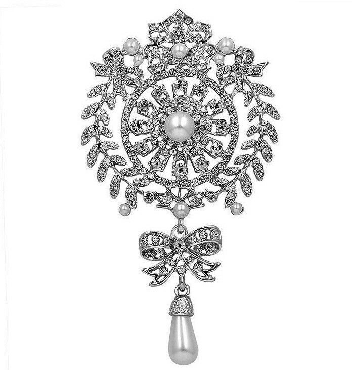 Massive ELEGANT Silver Pearl & RHINESTONE Vintage Inspired Glamor RUNWAY Brooch