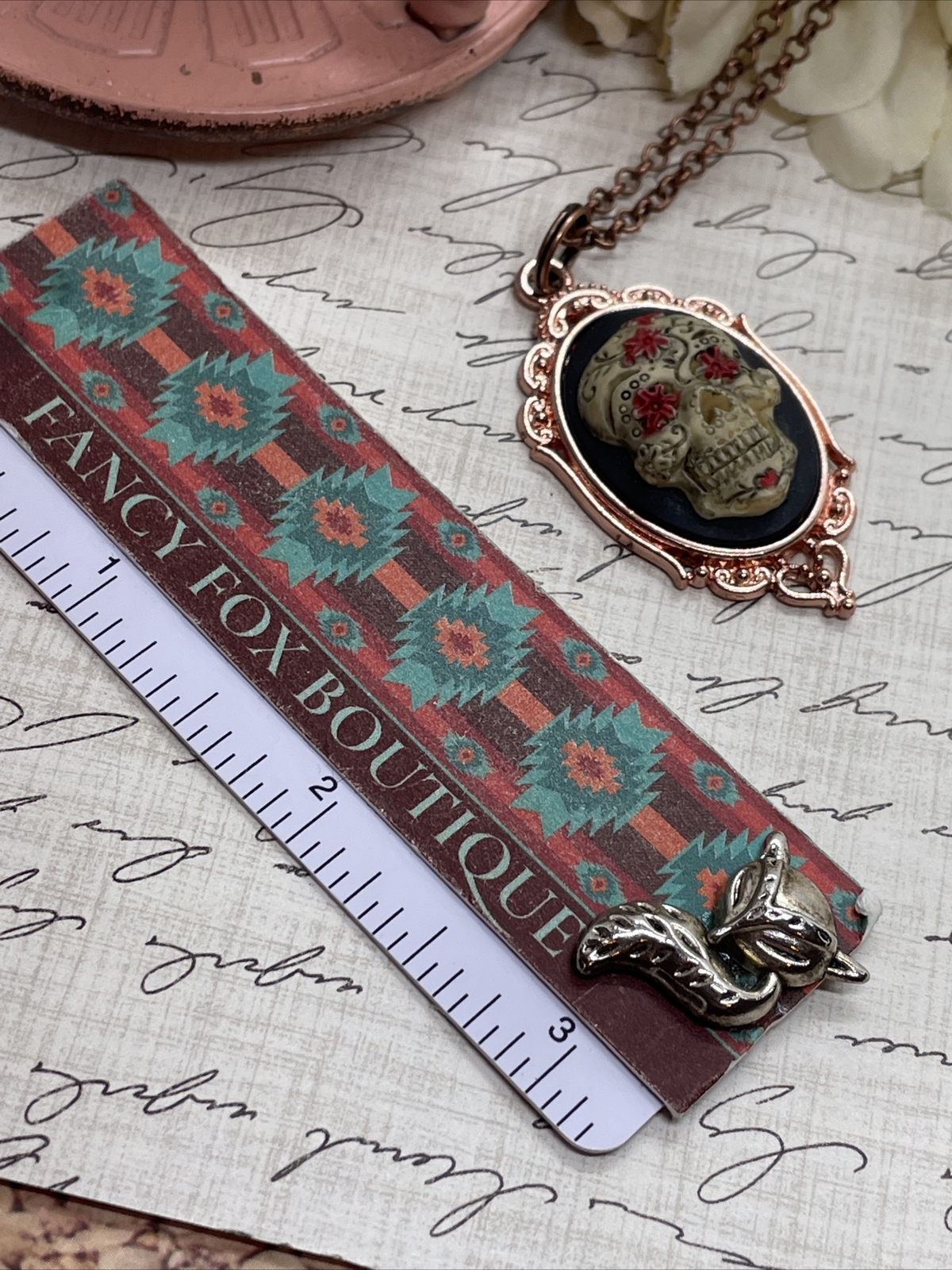 Sugar Skull Gothic Heart Wedding Rose Gold Party Birthday gift necklace Cameo