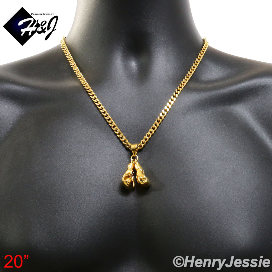 20″MEN Stainless Steel 5mm Gold Plated Cuban Curb Chain Boxing Glove Pendant*G87