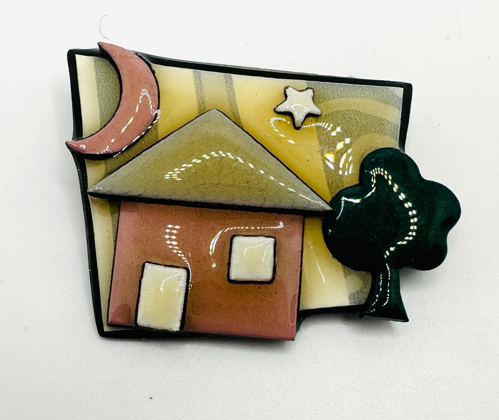 RARE Black Brown Green House Pin by Lucinda Signed Thin Black Back Star