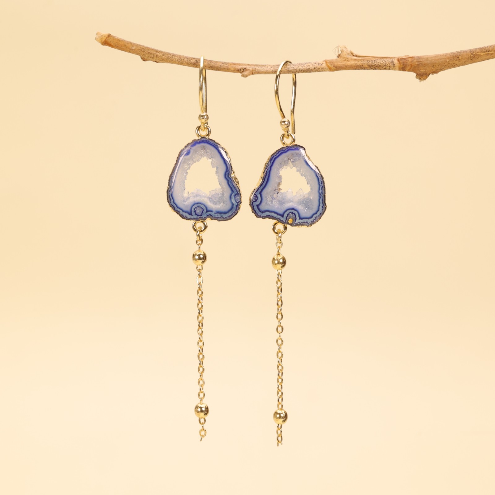 Aqua Geode Druzy Earrings, Gold Plated Agate Slice Dangle, Boho Gemstone Jewelry