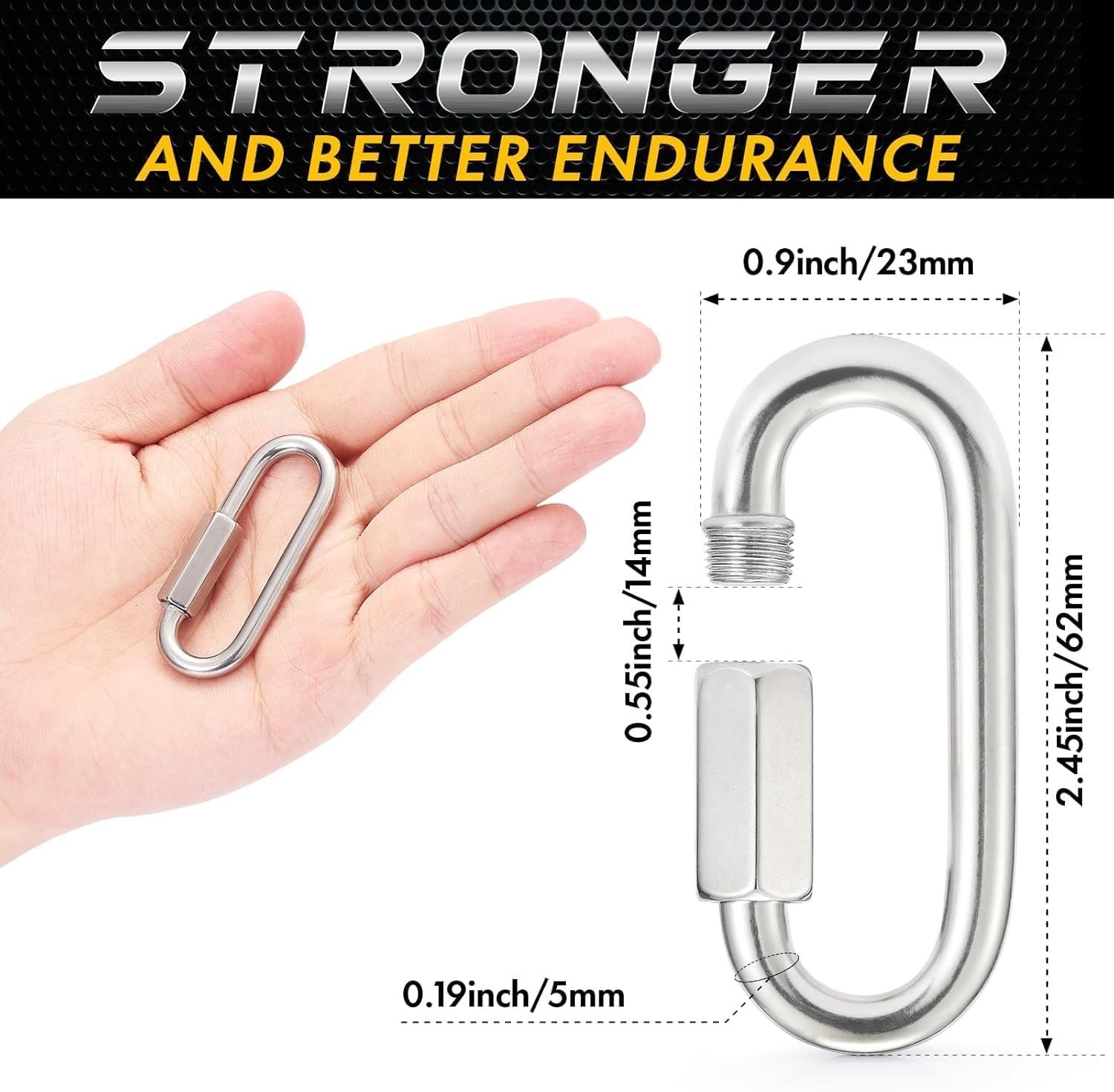304 Stainless Steel Chain Quick Links Set 6pc Screw Lock Carabiner Heavy Duty