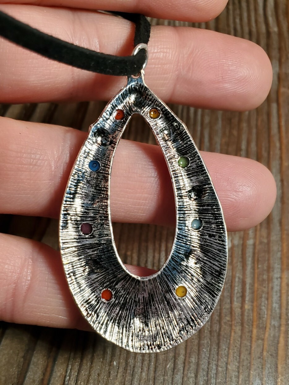 Multi color Silver Teardrop Pendant Necklace Black Suede Chakra Flowers 18-20″
