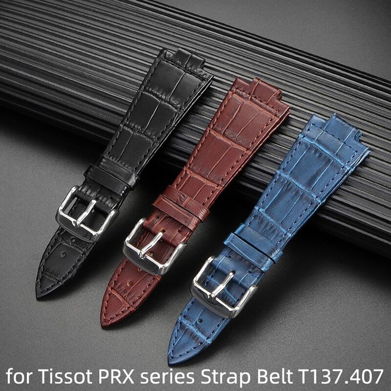 26x12mm Leather Watchband Strap for Tissot PRX T137.407, 1853 Blue Green Brown