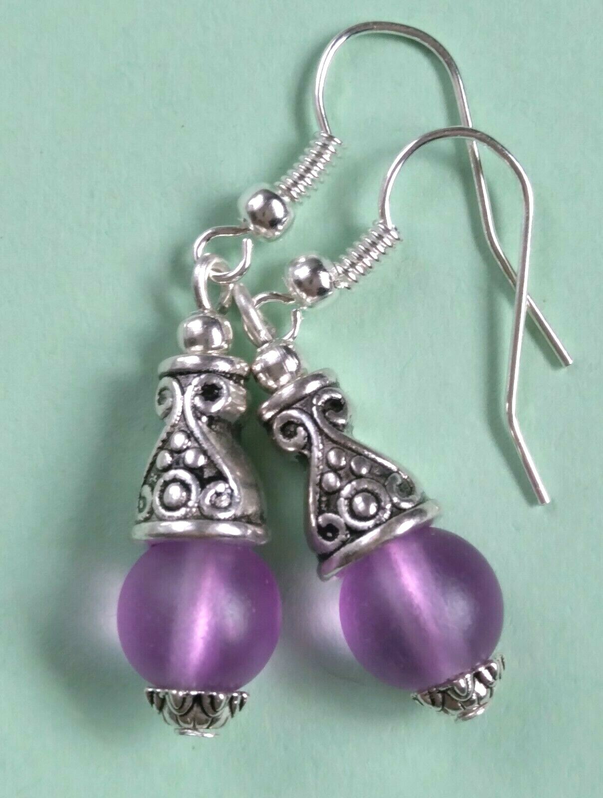 lavender frosted GLASS Bali style drop earring SP fish hook HANDCRAFTED