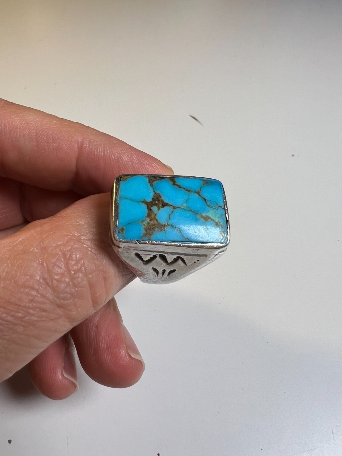 Vintage Navajo Sterling Silver & Large Rectangular Turquoise Cabochon Ring sz 11