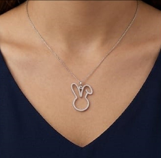 1.5ct Round Simulated Diamond Rabbit Outline Pendant Charm 14k White Gold Finish