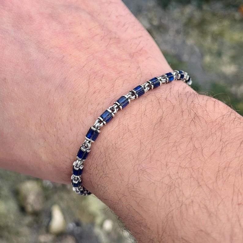 925 Sterling Silver Men Sapphire Byzantine Chain Link Bracelet